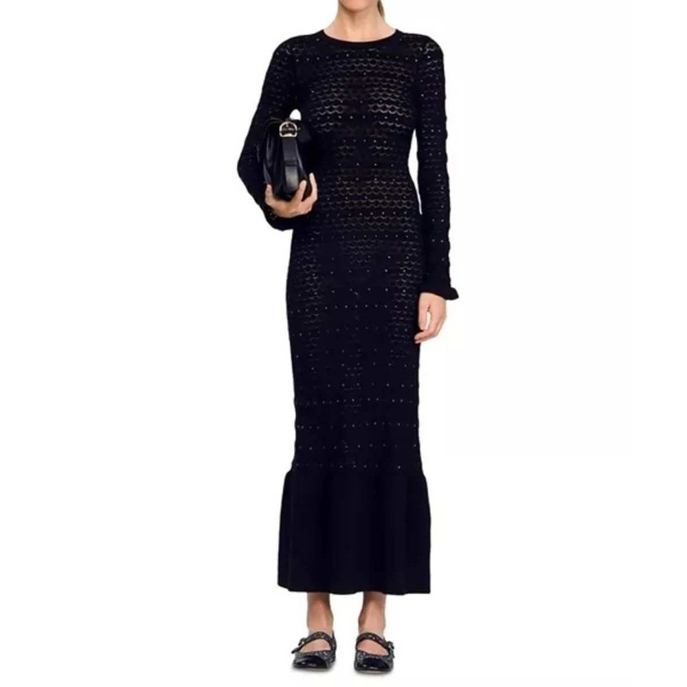 Sandro Rhinestone Knit Maxi Dress 40 US 8 Wool Pointelle Goth French Girl Glam